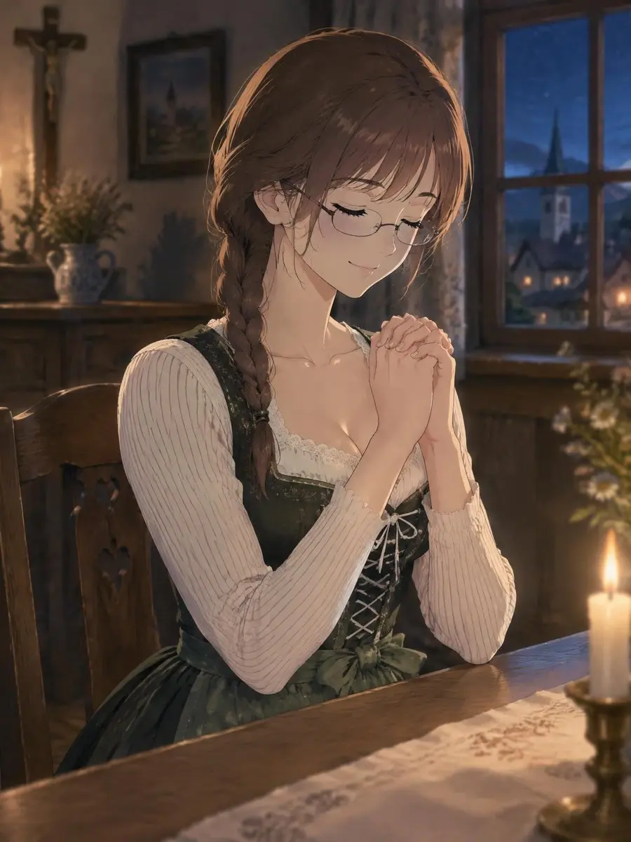 身着传统连衣裙祈祷的动漫少女