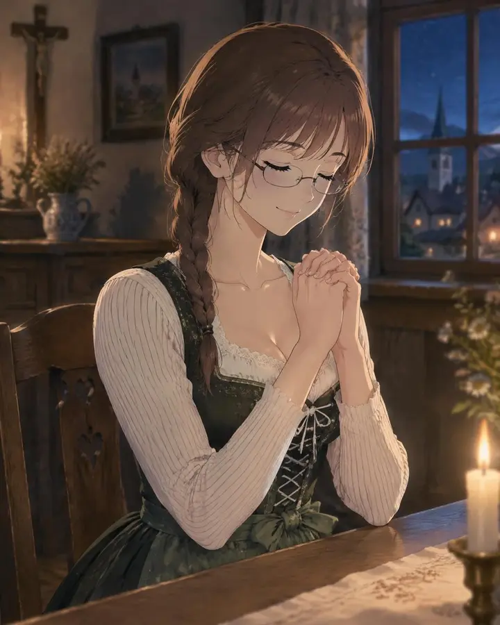 身着传统连衣裙祈祷的动漫少女
