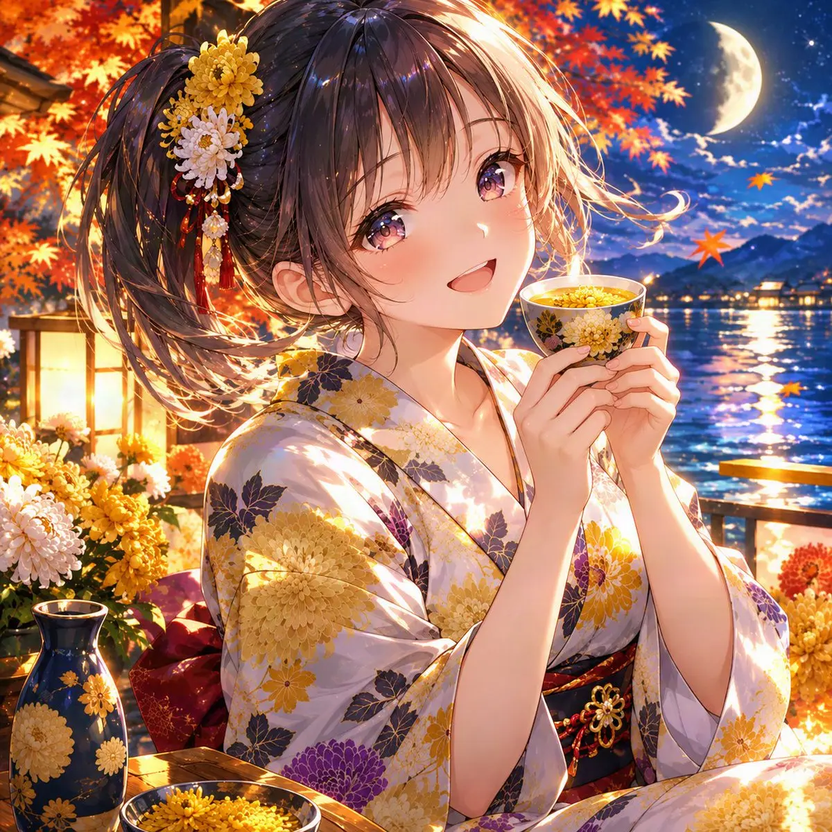 庆祝菊花节的动漫少女