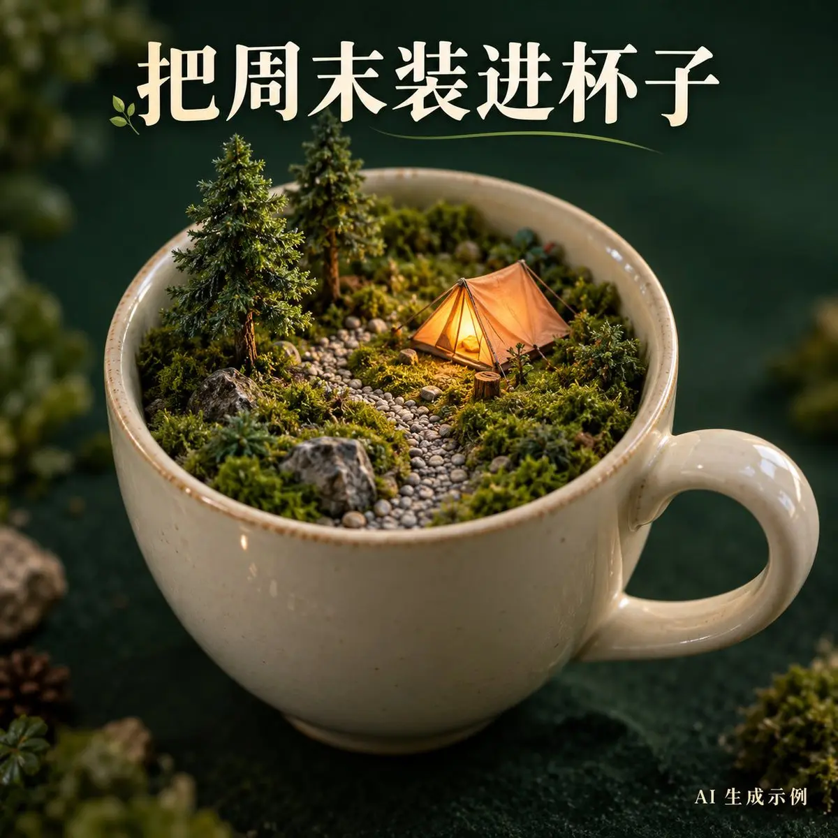 茶杯内的超现实露营场景