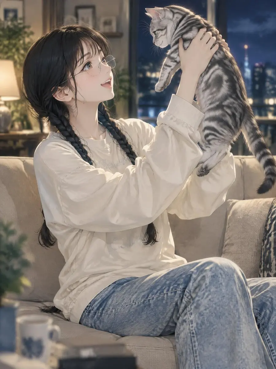 女子举猫动漫插画