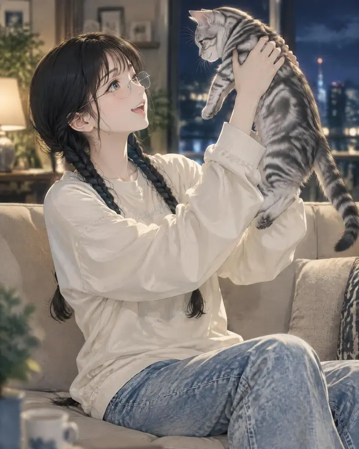 女子举猫动漫插画