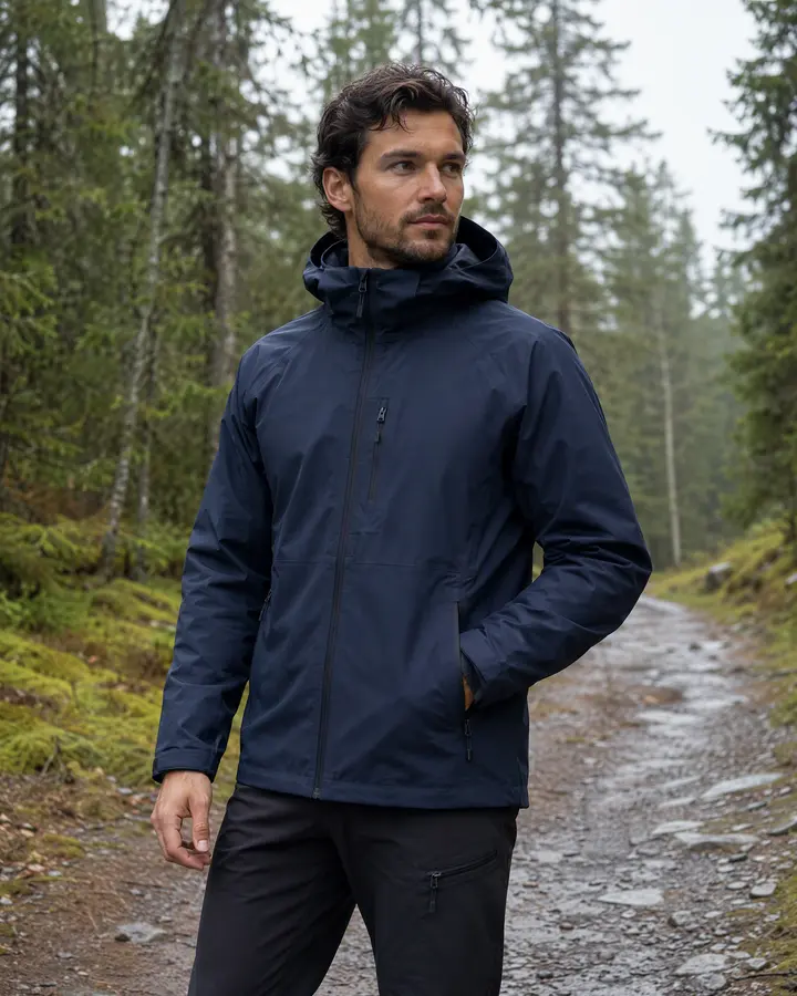Outdoor-Shelljacke auf bewölktem Waldweg