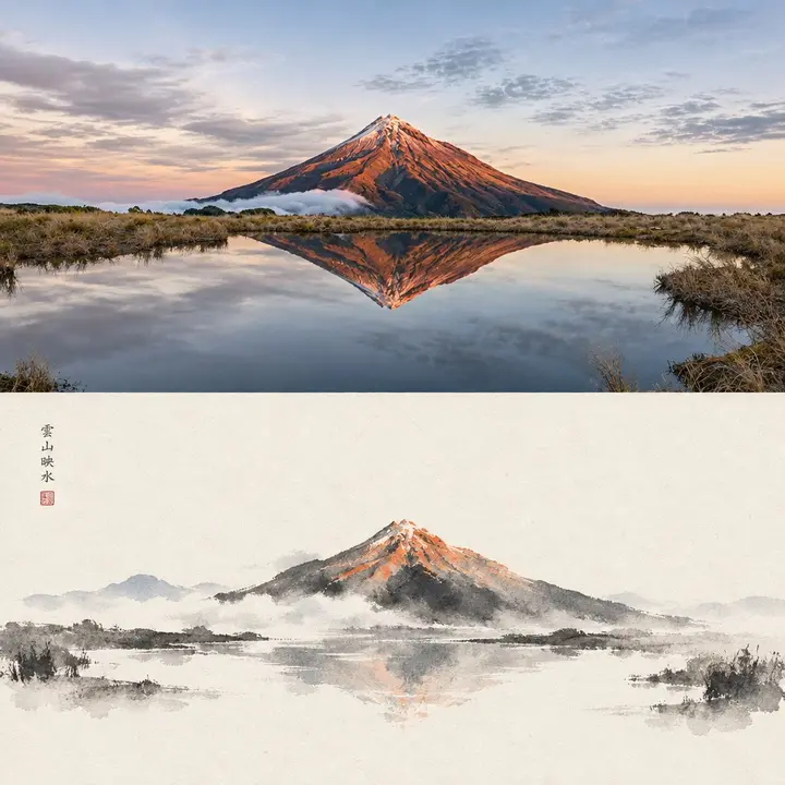 照片与水墨双联画