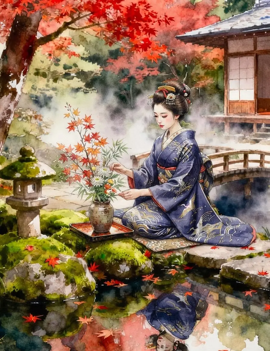 秋日庭园和服女性水彩