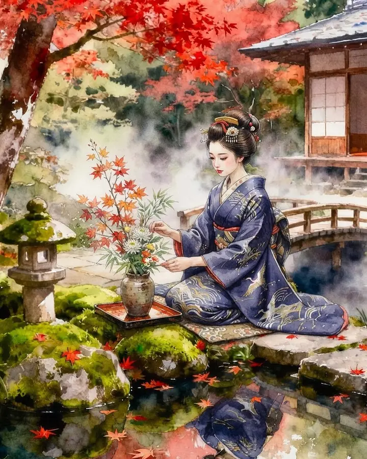 秋日庭园和服女性水彩