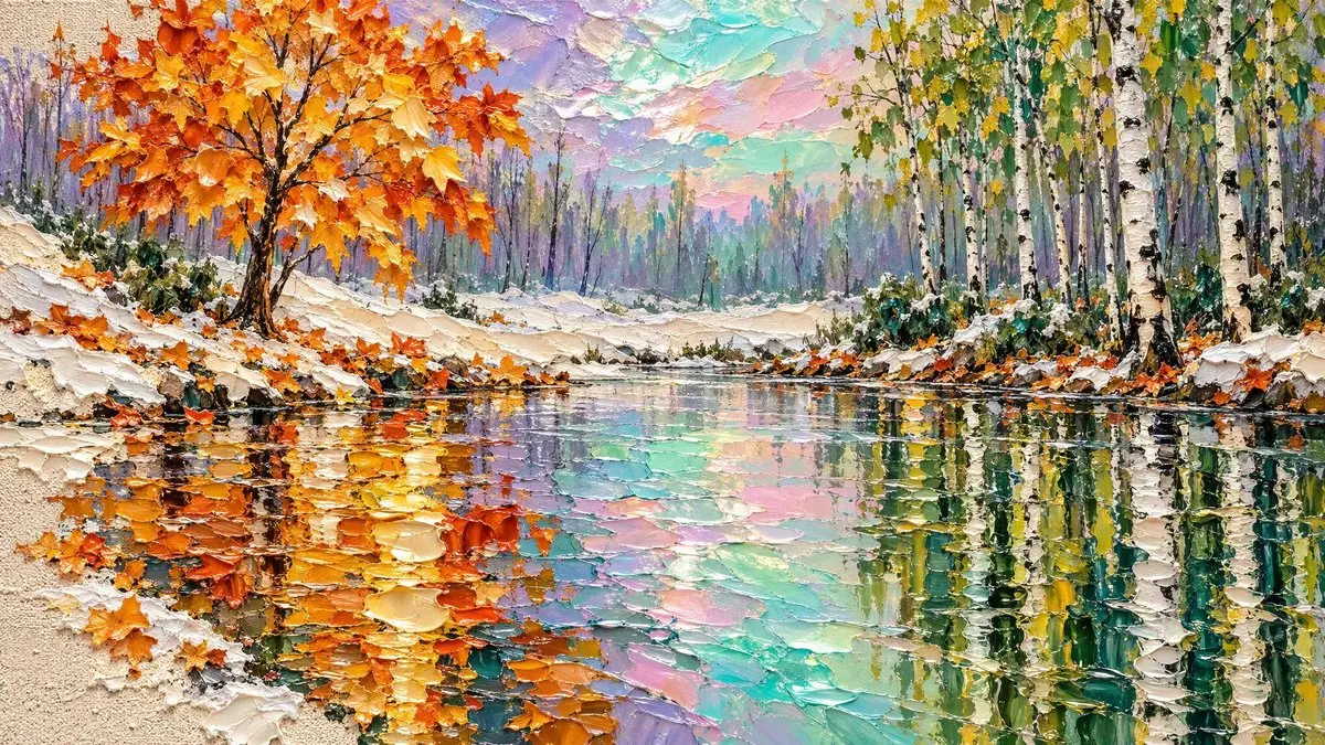 厚涂肌理秋日湖景油画