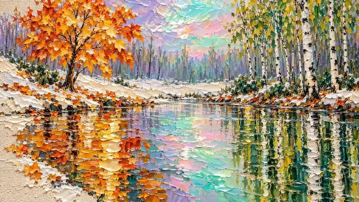 厚涂肌理秋日湖景油画