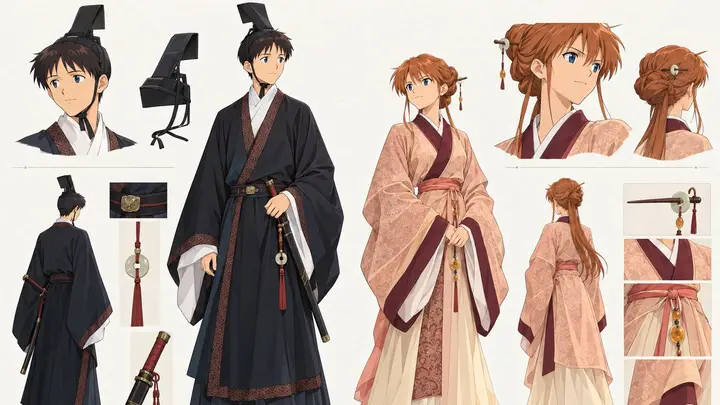 动漫角色设计图：传统汉服情侣