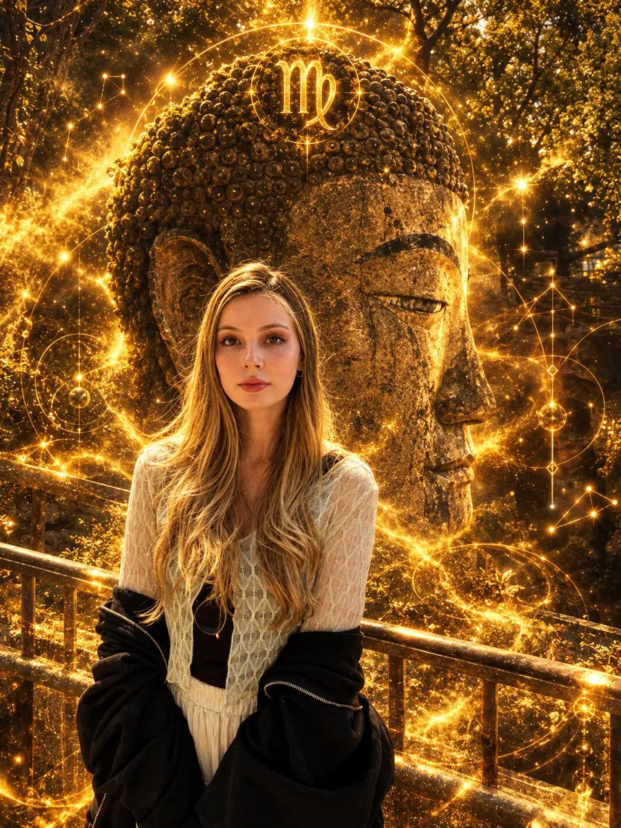 处女座星座肖像与金色宇宙能量