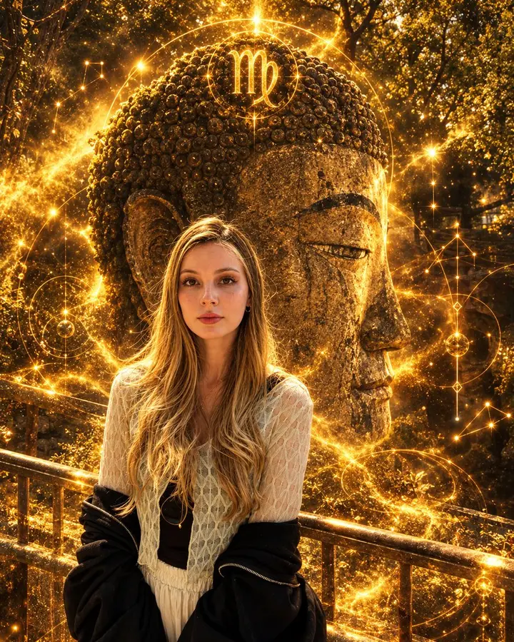 处女座星座肖像与金色宇宙能量