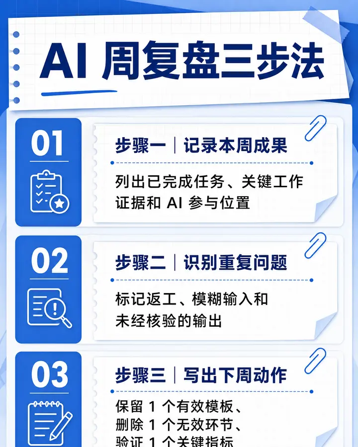 AI 周复盘三步法｜竖版信息图