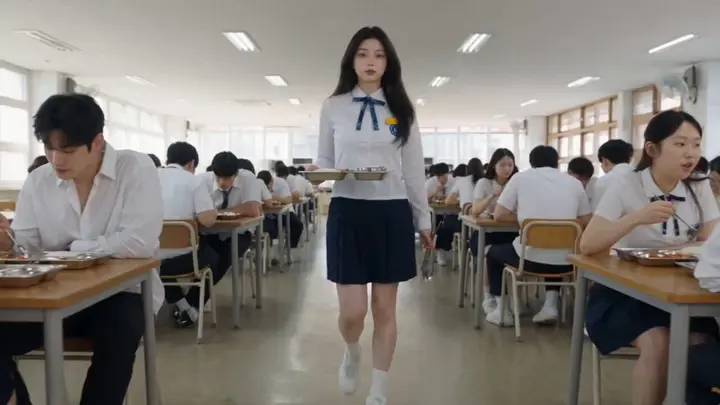 电影感韩国学校食堂午餐场景