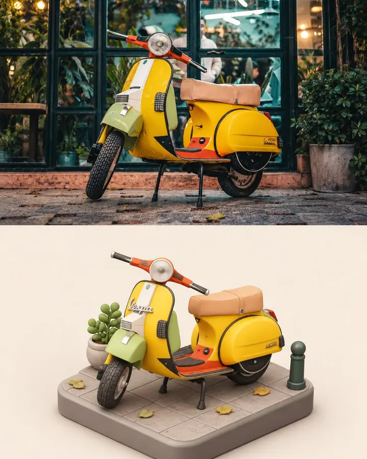 Vespa 踏板摩托车:真实照片与微缩景观对比