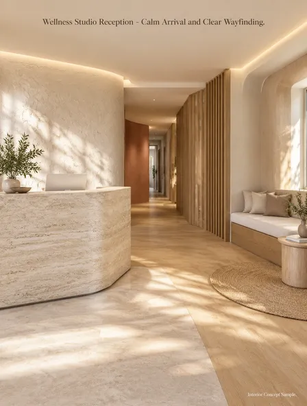 Wellness Studio Reception - Calm Arrival and Clear Wayfinding