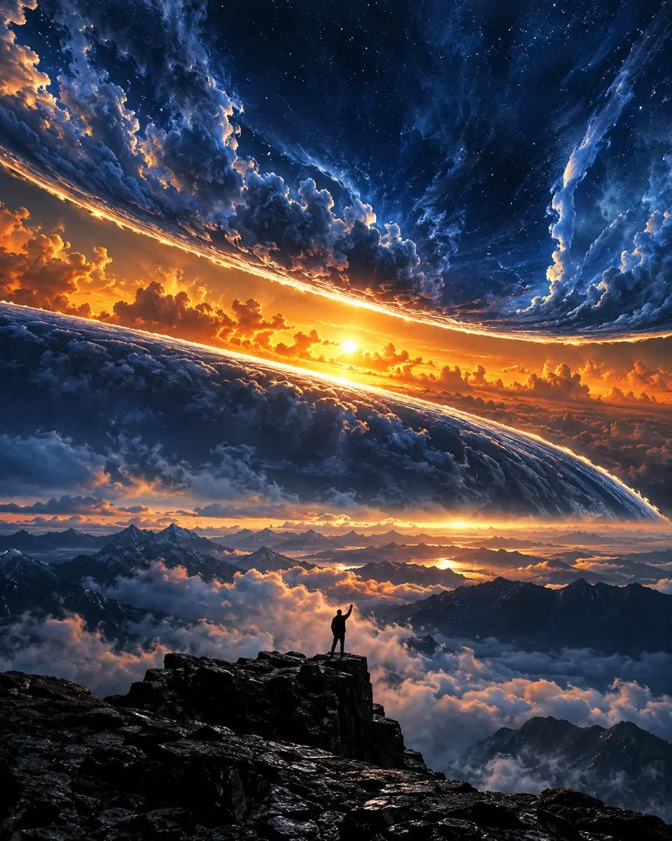 宇宙日落下的山峰剪影
