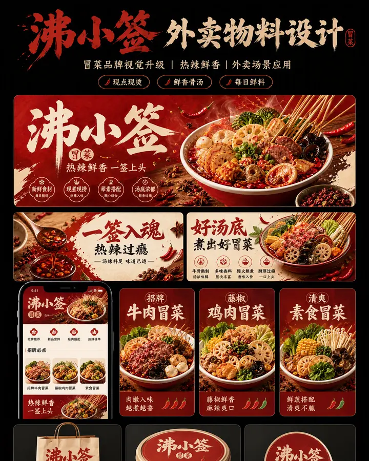 沸小签冒菜外卖品牌物料设计