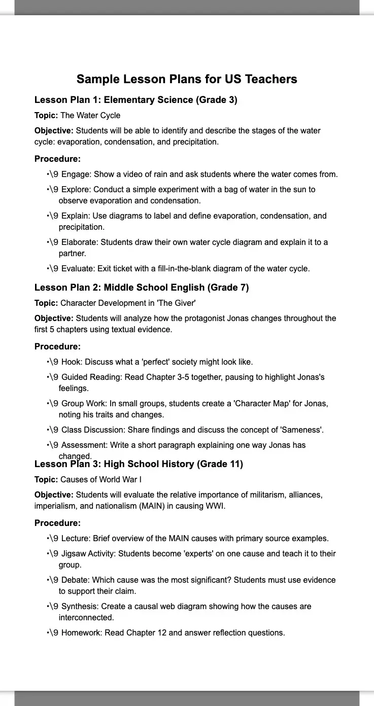 Sample Lesson Plans for US Teachers 2