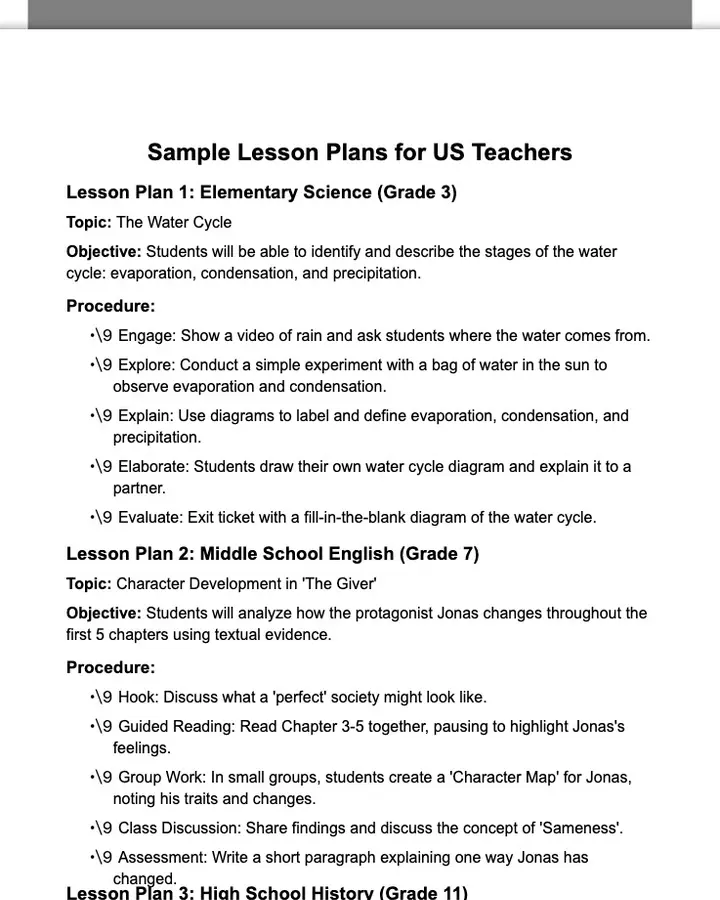 Sample Lesson Plans for US Teachers