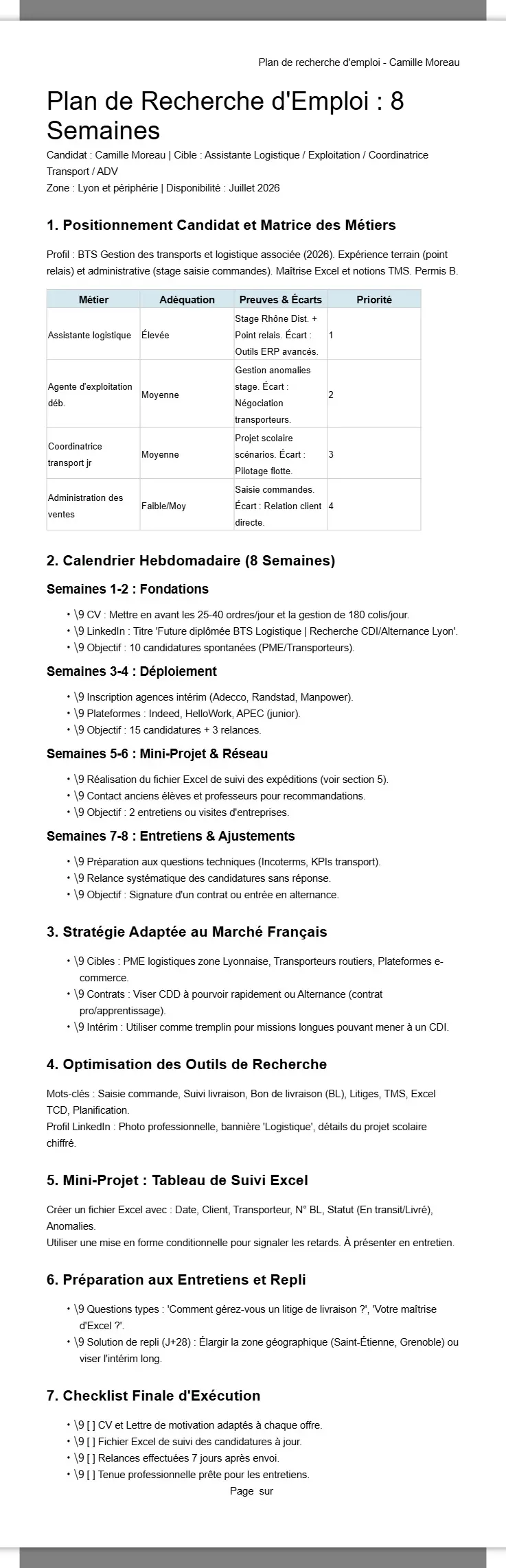 Camille Moreau — Plan de recherche d'emploi sur 8 semaines 2