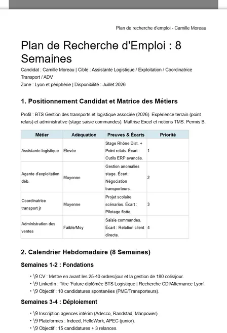 Camille Moreau — Plan de recherche d'emploi sur 8 semaines