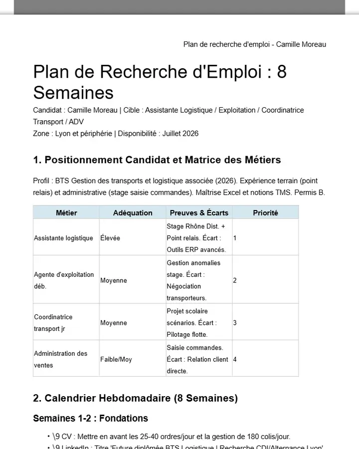 Camille Moreau — Plan de recherche d'emploi sur 8 semaines