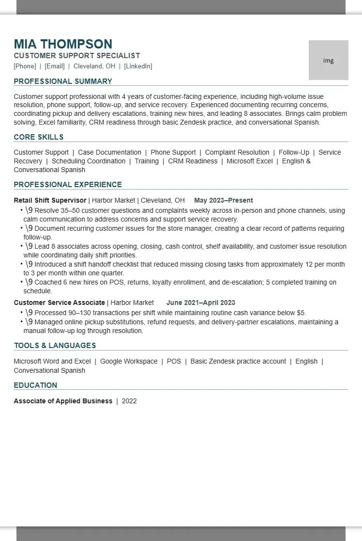 Mia Thompson — Customer Support Specialist Resume 2