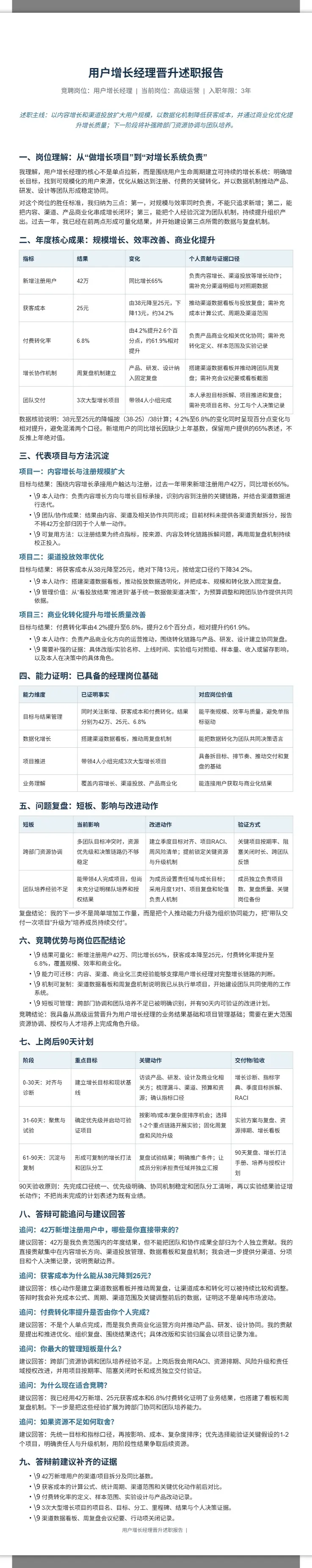 用户增长经理晋升述职报告 2
