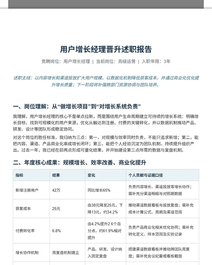 用户增长经理晋升述职报告