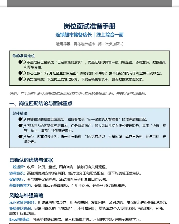 连锁超市储备店长线上综合一面准备手册