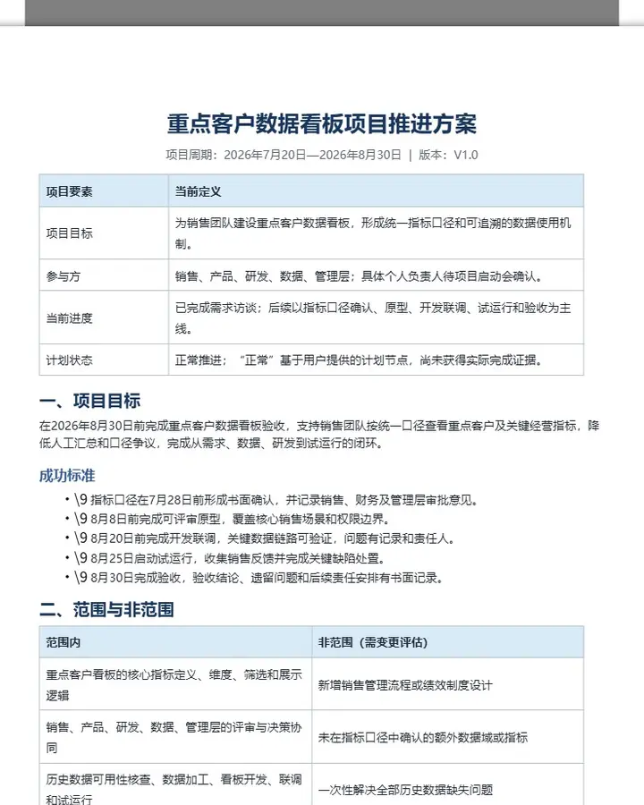 重点客户数据看板项目推进方案