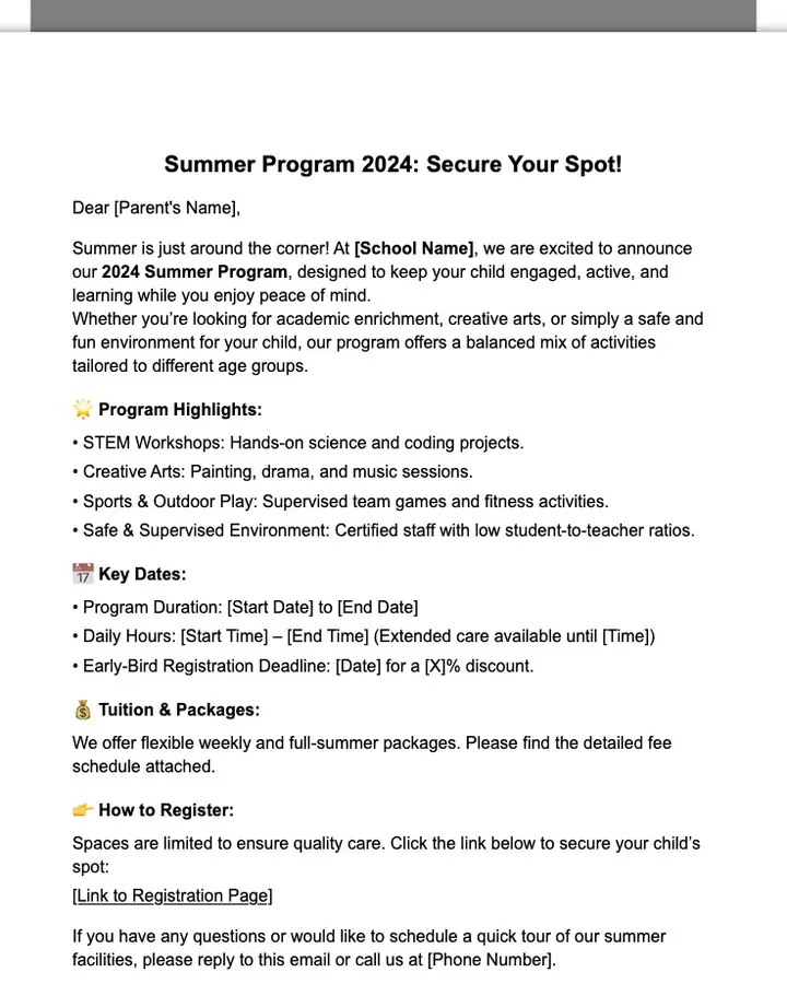Summer Care Program Email