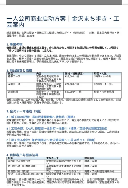 金沢少人数まち歩き｜一人会社事業プラン