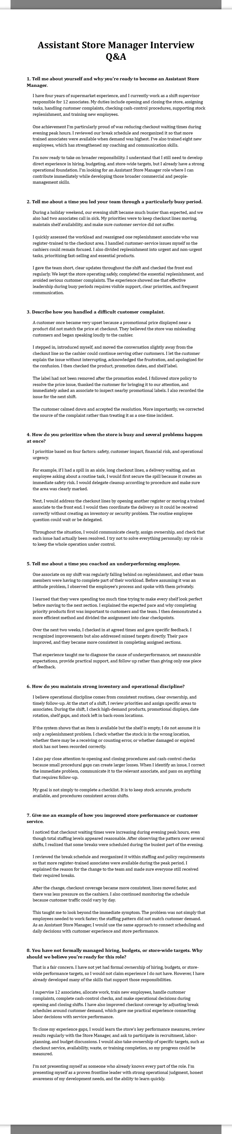 Assistant Store Manager Interview Q&A 2