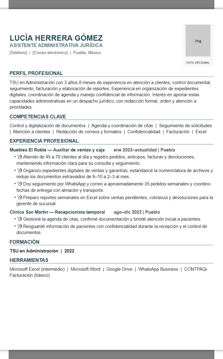 Lucía Herrera — CV de Asistente Administrativa Jurídica 2