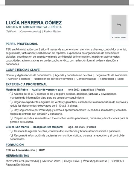 Lucía Herrera — CV de Asistente Administrativa Jurídica