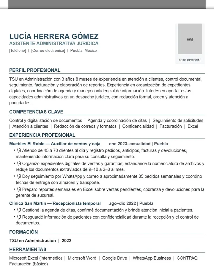 Lucía Herrera — CV de Asistente Administrativa Jurídica