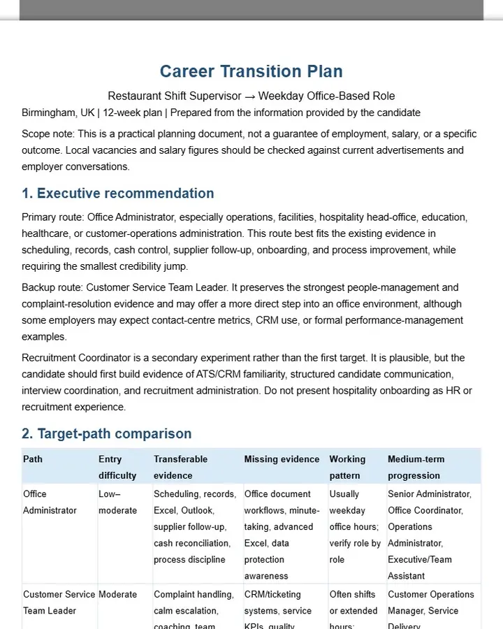 Birmingham Office Career Transition Plan