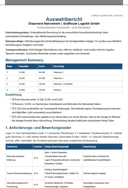SüdRoute Logistik — Auswahlbericht Disponent Nahverkehr