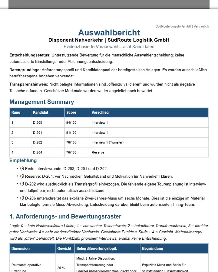SüdRoute Logistik — Auswahlbericht Disponent Nahverkehr