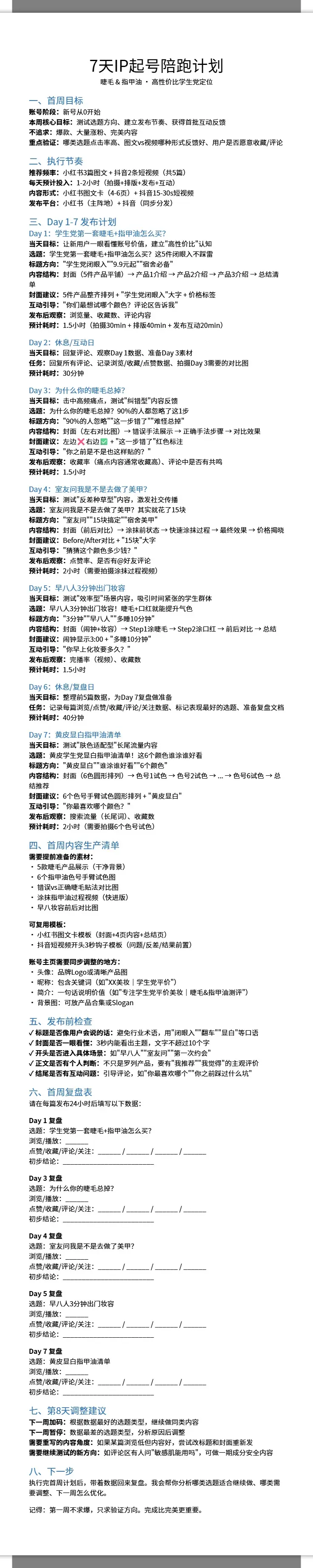 美妆品牌7天IP起号陪跑计划 2