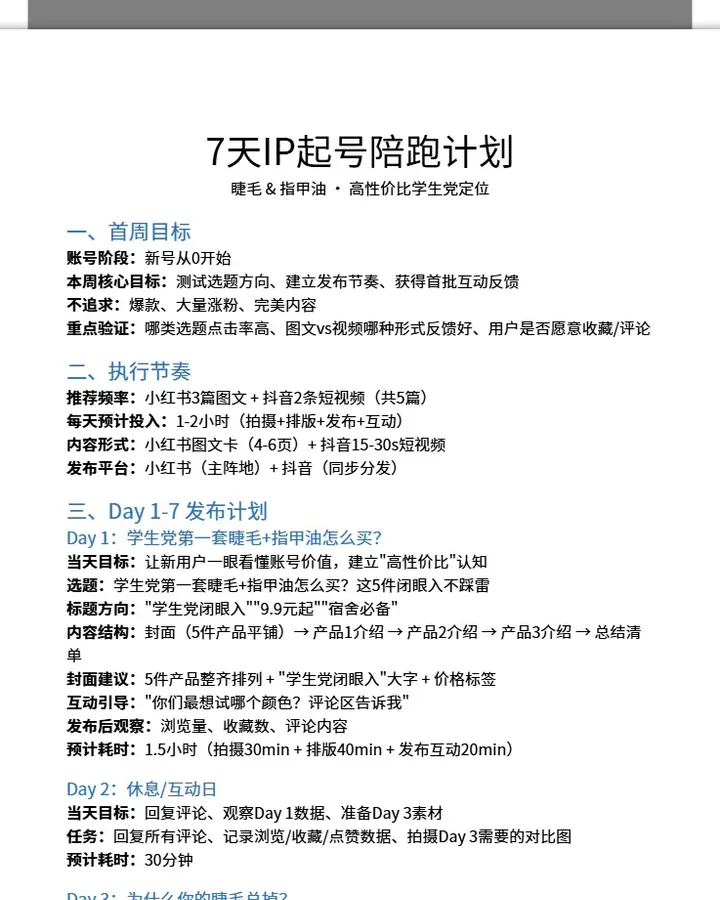 美妆品牌7天IP起号陪跑计划