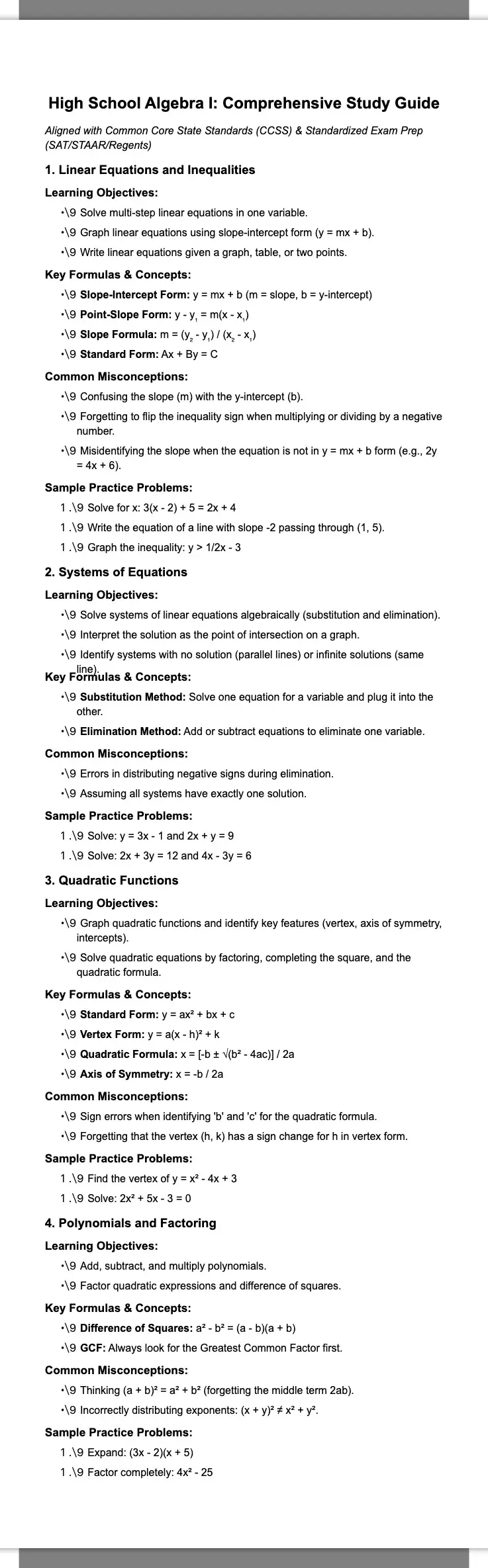High School Algebra I Study Guide 2