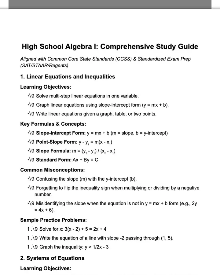 High School Algebra I Study Guide