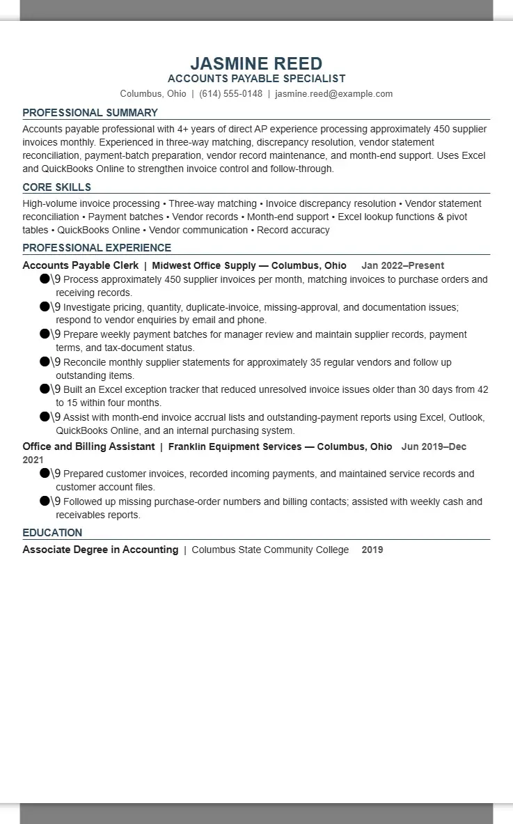 Jasmine Reed — Accounts Payable Specialist Resume 2