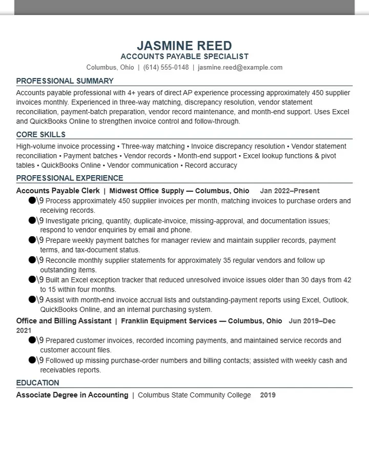 Jasmine Reed — Accounts Payable Specialist Resume