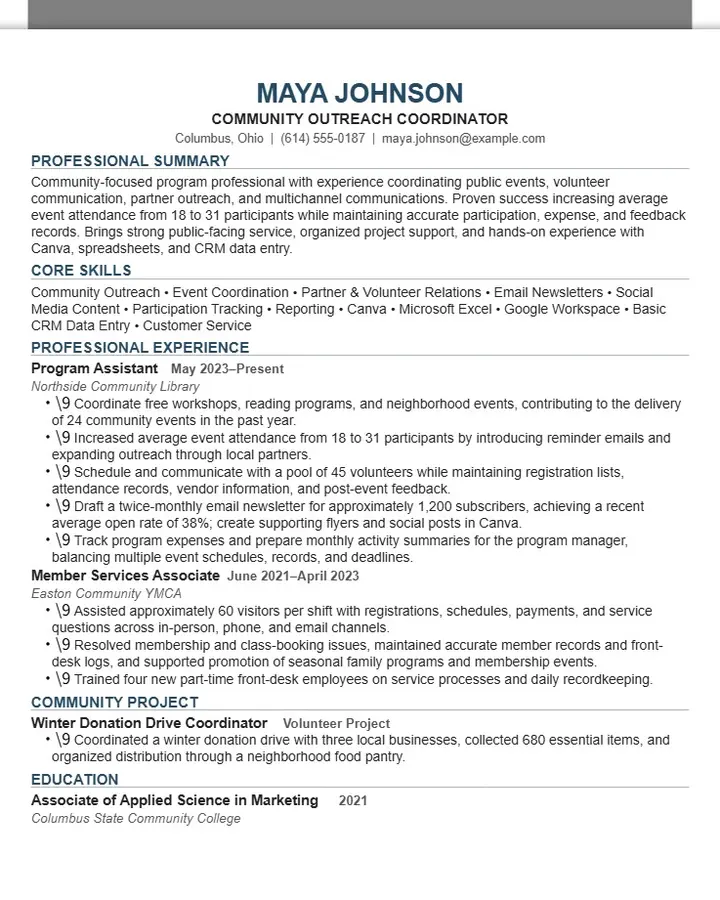 Maya Johnson — Community Outreach Coordinator Resume