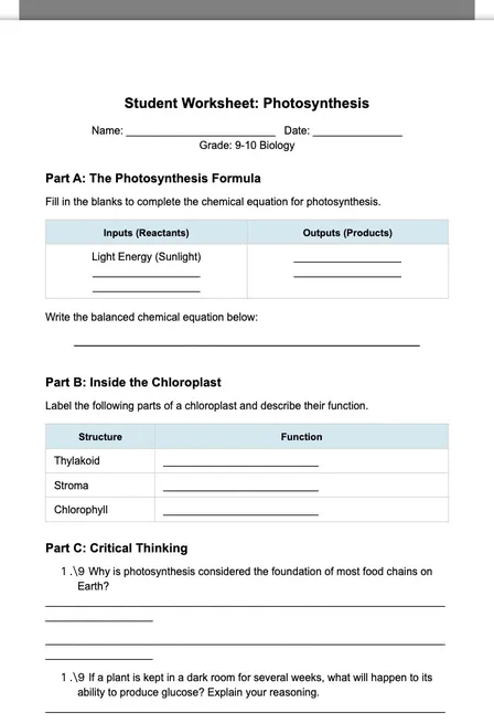 Photosynthesis Student Worksheet