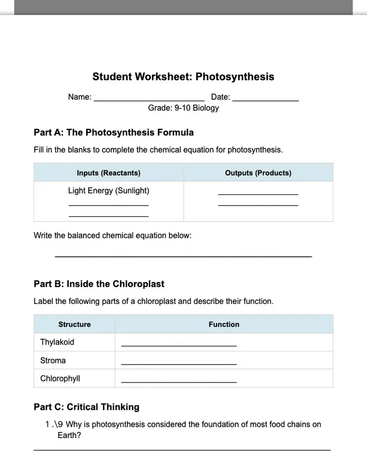 Photosynthesis Student Worksheet