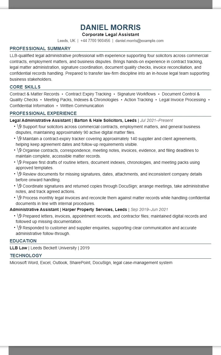 Daniel Morris — Corporate Legal Assistant Resume 2